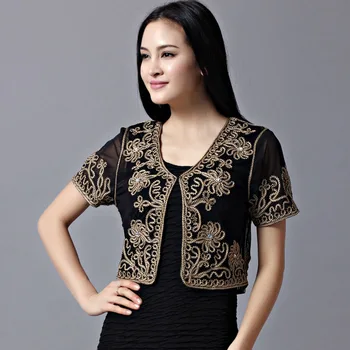 

BLINGSTORY Fashion Lace Flower Covered Button Short Sleeved Sun Protective Clothing Embroidered Women Jackets MIN4617