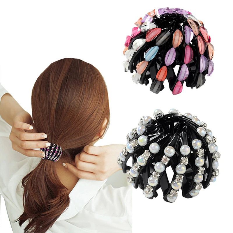 M MISM Women Bun Hair Maker Multi-Color Clips Rhinestone Bird Nest Holder Pearl Expanding Accessories Headwear | Украшения и