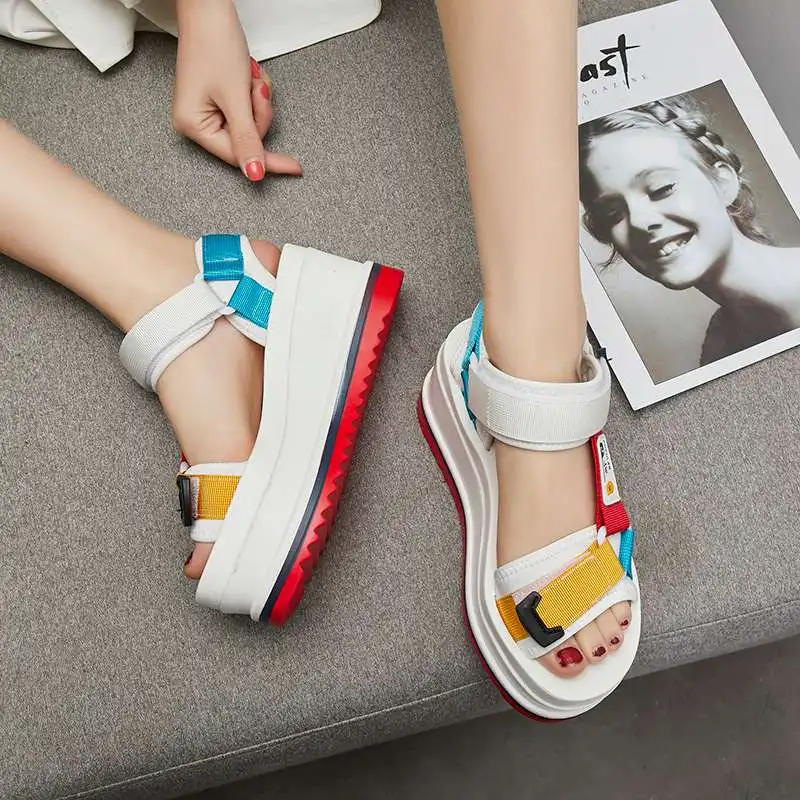 JOJONUNU Women Chunky Sandals Mixed Color Nylon Sneaker Sandals Casual Thick Bottom Platform Outdoor Shoes Women Size 35-39