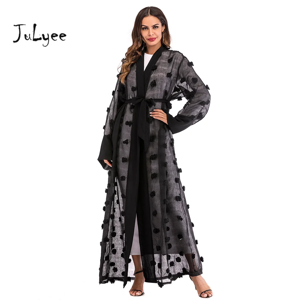 Julyee однотонная сетчатая Абая мусульманские платья для женщин Dubia стиль поясом аппликации с длинным рукавом Кафтан женская одежда турецки