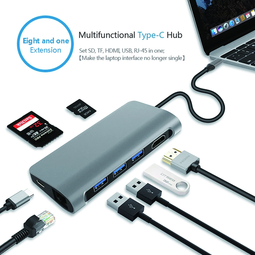 

USB C Hub Multi Adapter with 4K HDMI RJ45 SD Card Reader, Type-C Charging Port 8 in 1 Aluminum Hub for MacBook Laptop