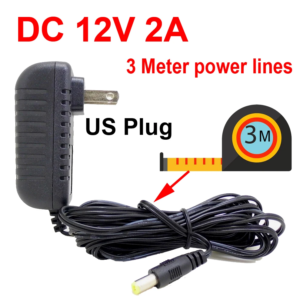 US Power Adapter 3 Meters Charger Plug AC/DC 3M Cable cord for CCTV Camera Power Adapter AC 100-240V DC 12V 2A (2.1mm * 5.5mm)