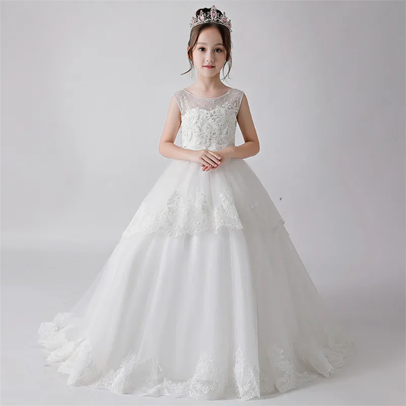 2018 Summer Luxury Pure White Color Children Girls Evening Wedding Party Princess Lace Dress Kids Teens Host Piano Catwalk Dress 2018 Summer Luxury Pure White Color Children Girls Evening Wedding Party Princess Lace Dress Kids Teens Host Piano Catwalk Dress