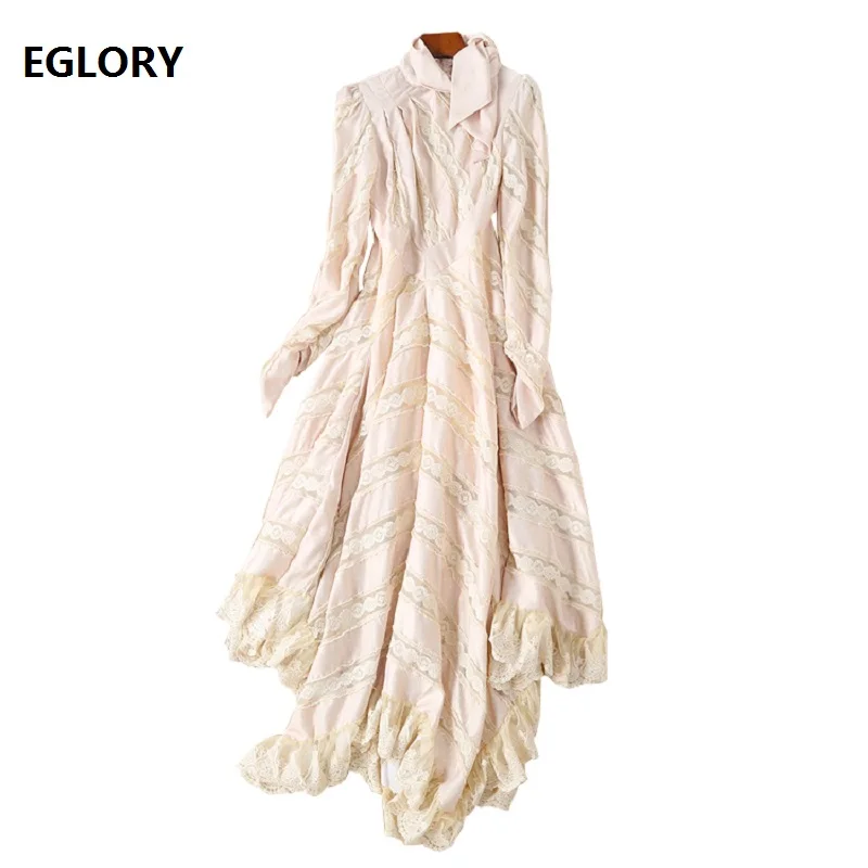 

Top Quality Fashion New 2018 Autumn Winter Evening Party Long Dress Luxurious Women Bow Collar Lace Patchwork Elegant Maxi Dress