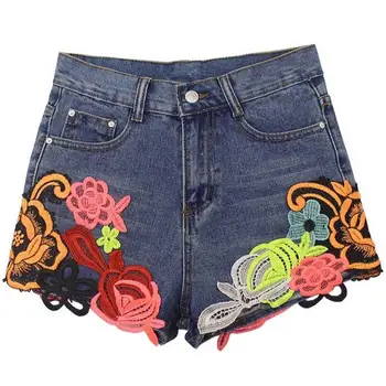 

new flowers embroidery high waist denim shorts fashion wide leg