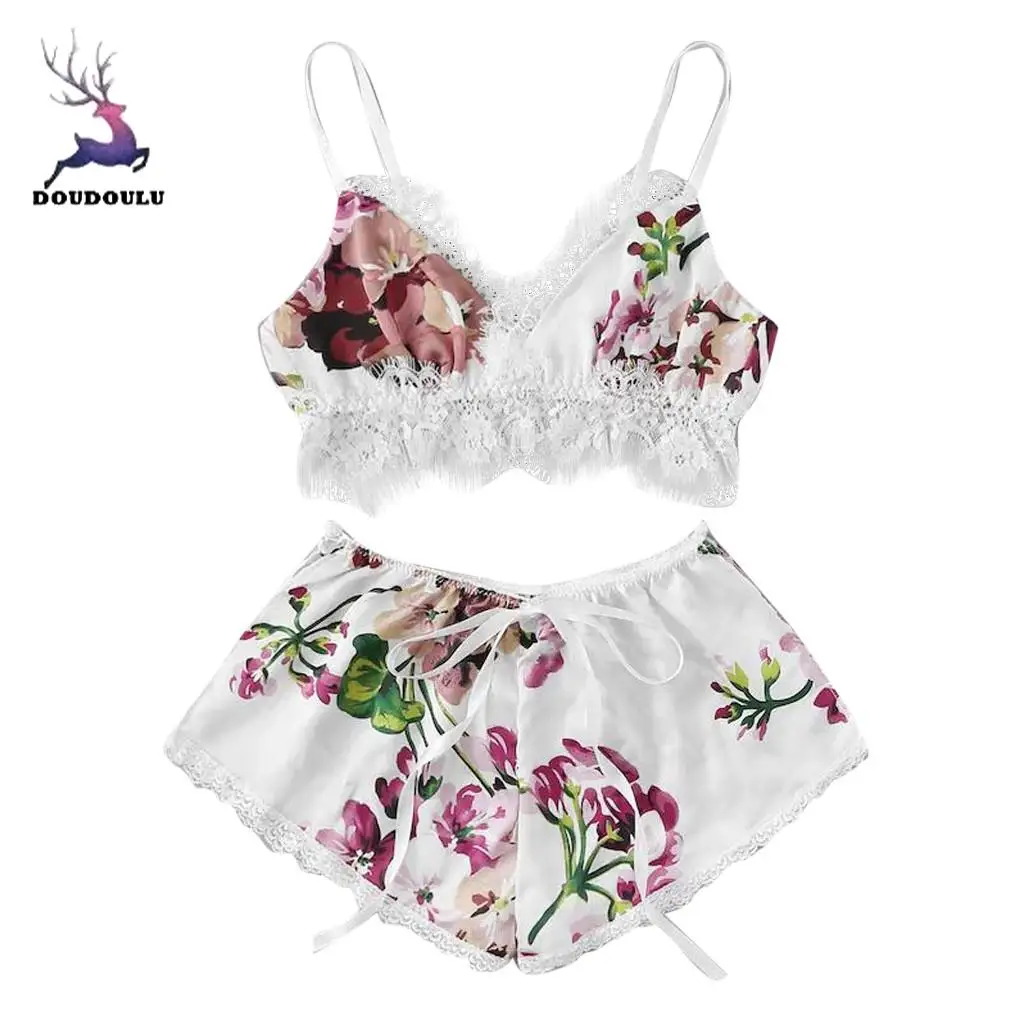 

2019 Fashion Sexy Lace Satin Trim Floral Bow Lingerie Set Pajamas Babydoll Sleepwear Pajama Set Black Lace V-Neck Sleeveless #SS