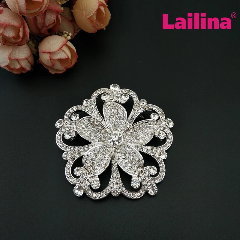 20pcs/lot Silver Tone Round Shape Flower Rhinestones Brooch Pin Crystal