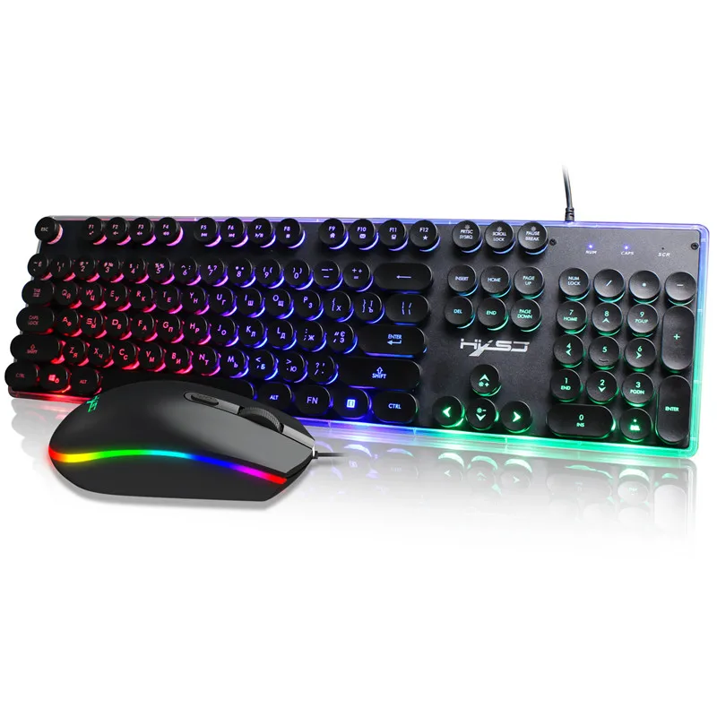 

2019 Stylish Russian Round Keycap Rainbow Suspension Backlight brightly colored mixed light design Gaming Keyboard+Mice