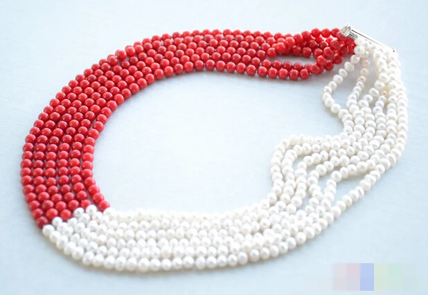 

3155 6row white round freshwater pearl red coral bead necklace