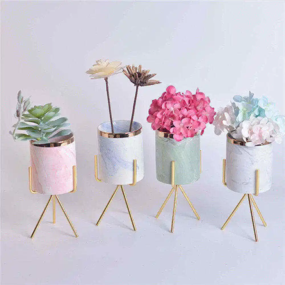 

Nordic Chic Storage Jars with Gold Frame Modern Ins Pencil Holder Marble Pattern Ceramic Floral Machine Flower Vase Storage Jar
