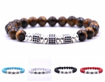 

5PCS 8mm Natural Healing Stone Bracelets for Men Women Beaded Bracelets Elastic Sive Cube Alloy Bangles Jewelry