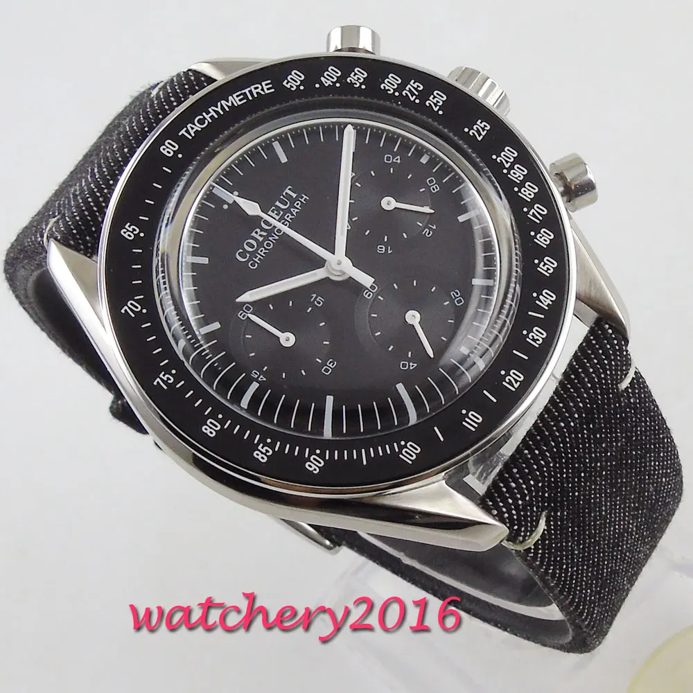

40mm Corgeut Black Dial Solid Case Leather Quartz battery Movement men's Watch