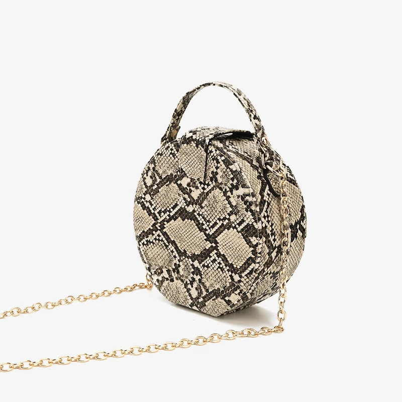 النساء حقائب الرجعية اعوج سلسلة حقيبة مستديرة المطبوعة صغيرة بو الأفعى جلدية الكتف Crossbody أكياس الإناث حقيبة ساعي 431