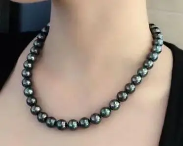 

free shipping stunning round 10-11mm Tahitian black green pearl necklace 18inch
