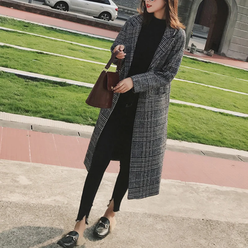 

Grey plaid woolen coat 2019 New Women outerwear winter clothing fashion woolen blends female elegant One button coat