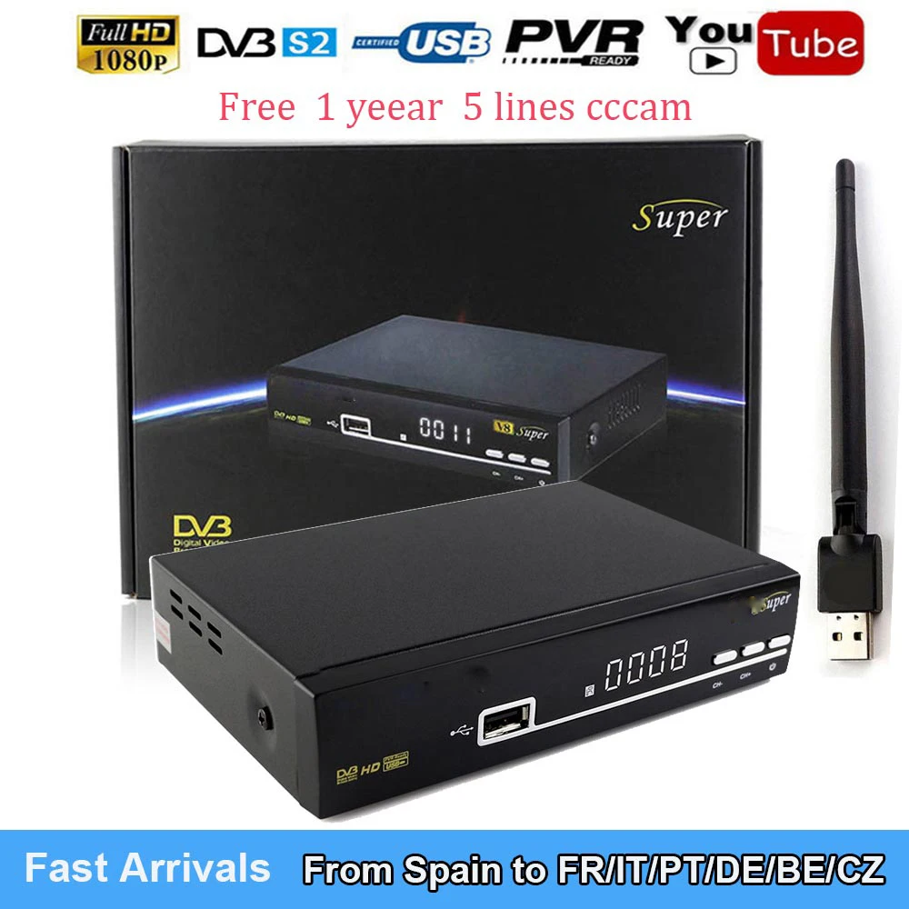 V8 Super DVB-S2 Full 1080P Satellite Receiver free Europe 5 lines Cccam +USB Wifi box support PowerVu, DRE &Biss key V8 Super DVB-S2 Full 1080P Satellite Receiver free Europe 5 lines Cccam +USB Wifi box support PowerVu, DRE &Biss key