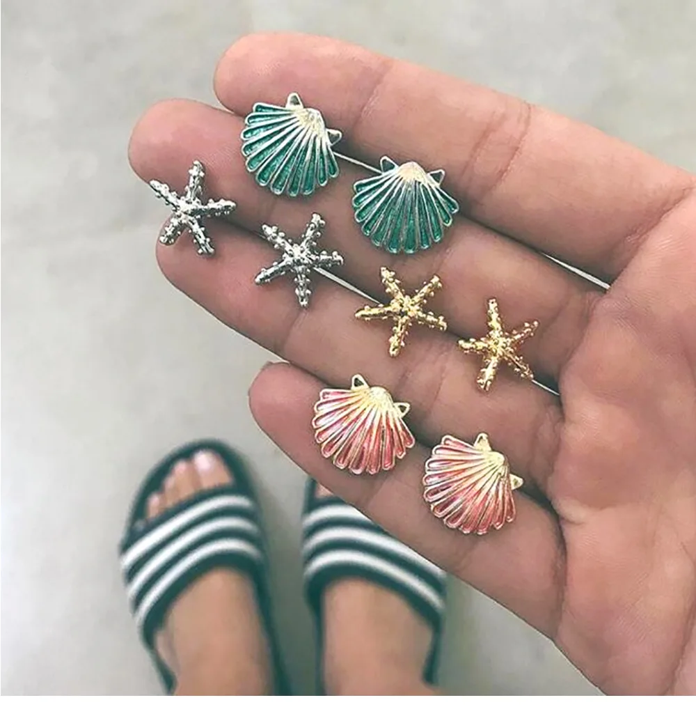 

Unique 4 Pairs/Set Sea Starfish Shell Colorful Stud Earring Hawaii Women Bohemian Summer Beach Boucle D'oreille Jewelry Brincos