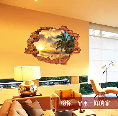 Пальмовое дерево пляж 3D вид окна Съемные Наклейки на стены домашний Декор винил