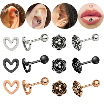 

New Heart Rose Flower Tragus Ear Piercing Plug Steel Conch Earrings Helix Cartilage Labret Lip Studs Body Piercings Jewelry 16g