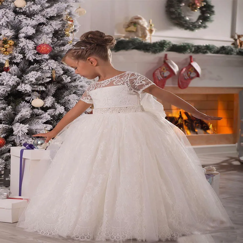 Princess Flower Girl Dress Lace Appliques Cap Sleeve Beading Belt Open V Back Floor Length Ruffle Mother Daughter Dress with Bow