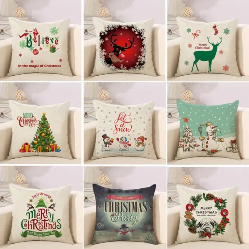 45*45cm Pillow Case Happy Christmas Cute Printed Pillow Cases Cotton Linen Cartoon Pillowcase