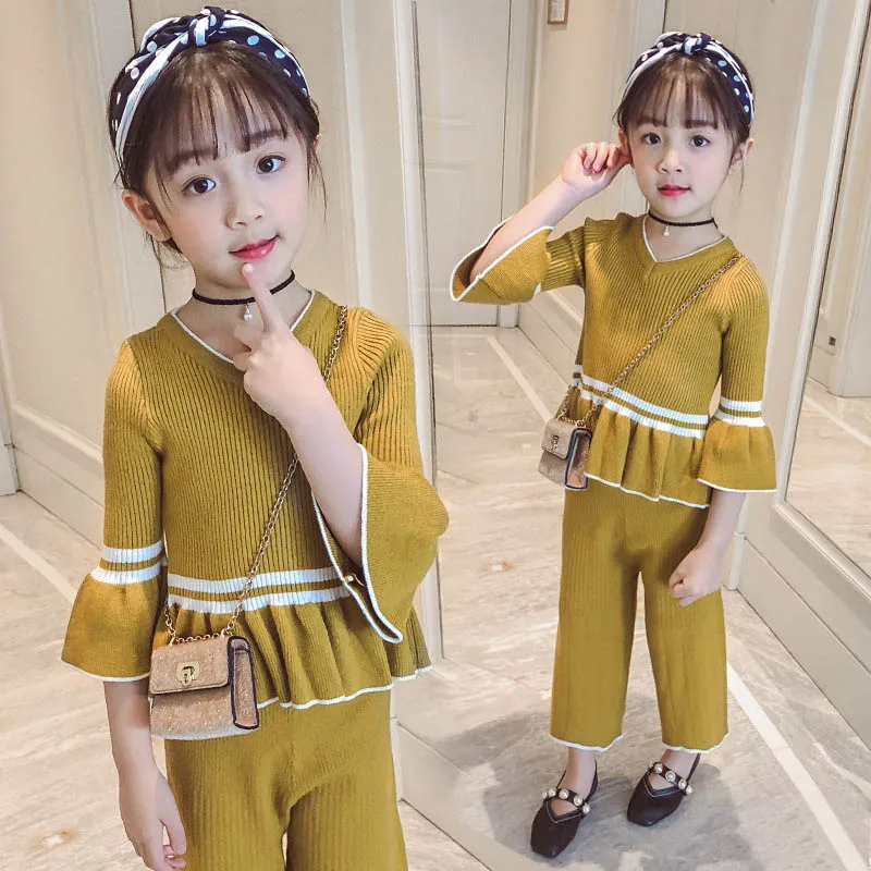 

Spring Autumn Girl Sweater Sets Children Knitted Suit Fashion Girls Petal Sleeve Clothes 3 4 6 8 10