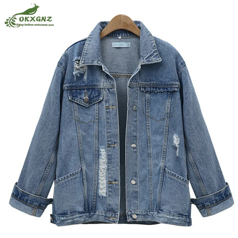 

2019 boutique spring new cowgirl jackets jacket fashion plus size women loose hole long sleeve denim jacket Women's clothing