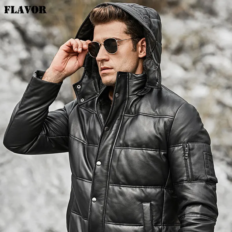 Kожаная куртка мужская байкерское пальто из овечьей кожи FLAVOR, теплый кожаный пуховик из натуральной шкуры с отстегивающимся капюшоном для зимы