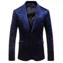 Синий бархатный блейзер, куртка, бренд Slim Fit блейзер с цветочным принтом, мужское элегантное платье, осень, винно-Красный Мужской Блейзер, повседневный
