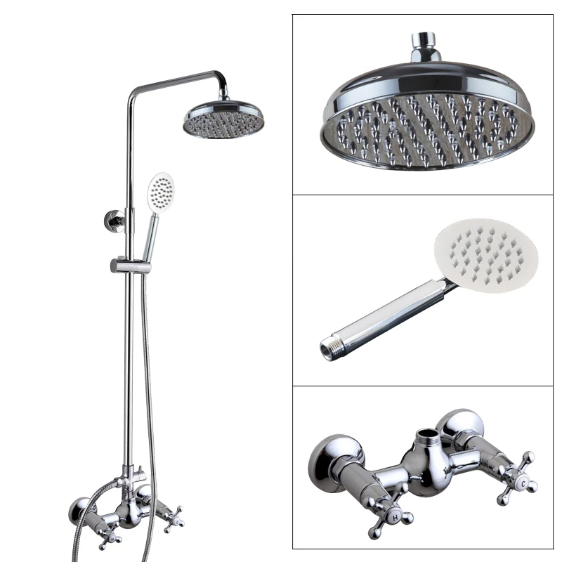

Polished Chrome Brass Bathroom Wall Mounted Round Rain Shower Faucet Set with Hand Spray Two Cross Handles Mixer Tap acy308