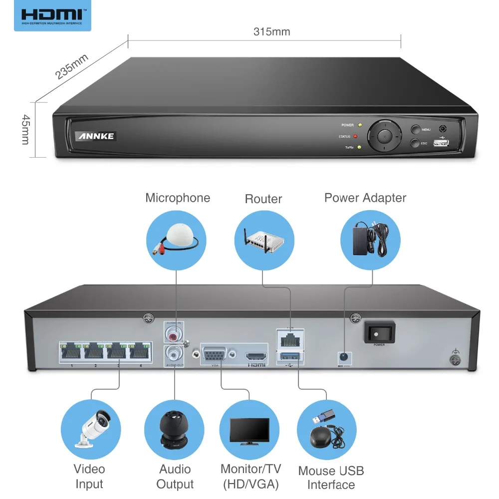ANNKE 4CH 6MP POE сеть NVR видеорегистратор поддерживает до 4X1080 P (2MP/3MP/4MP/5MP/6MP) wifi ip камеры 6