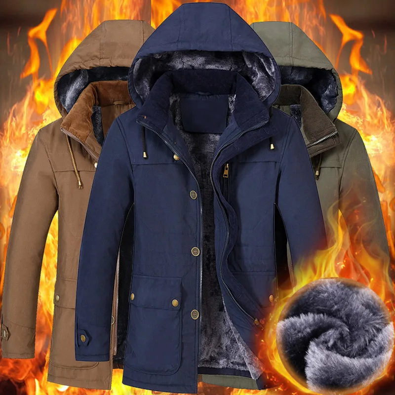 winter fashion casual more thick slim men parkas cotton padded zipper jacket with the wool hoodie