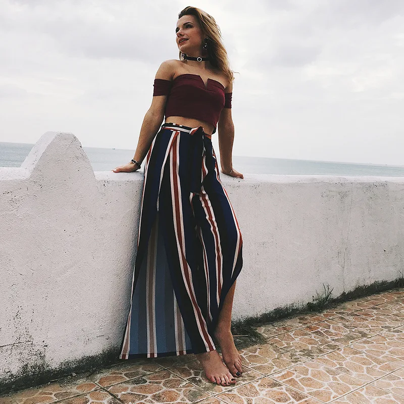 

High Street Loose Striped Wide Leg Pants Holiday Full Length High Slit Chiffon Palazzo Pants Women