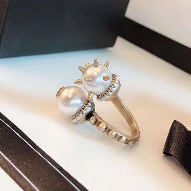 Top Brand Fashion Pearl Jewelry For Women Vintage Rings Big Pearl Ring wedding Party Rings Yellow Brass Jewelry Steam Punk Rings