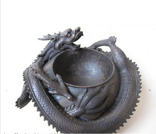 

B0602 517Chinese Palace pure bronze Copper carved wreathe Dragon ashtray statue