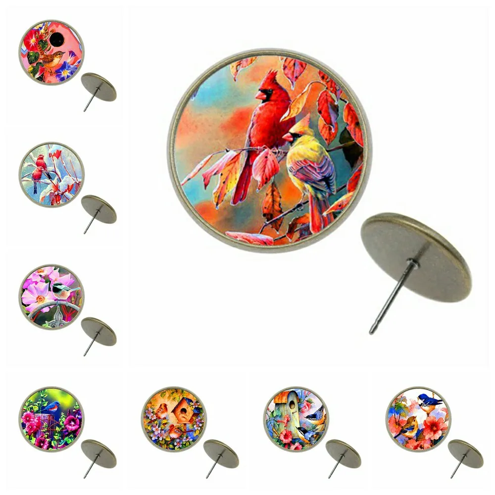 

5pairs/lot 8/10/12/14mm 4 Colors Stud Earring Flowers And Birds Glass Cabochon Earrings Studs Fashion Earrings EA-Z-G1091
