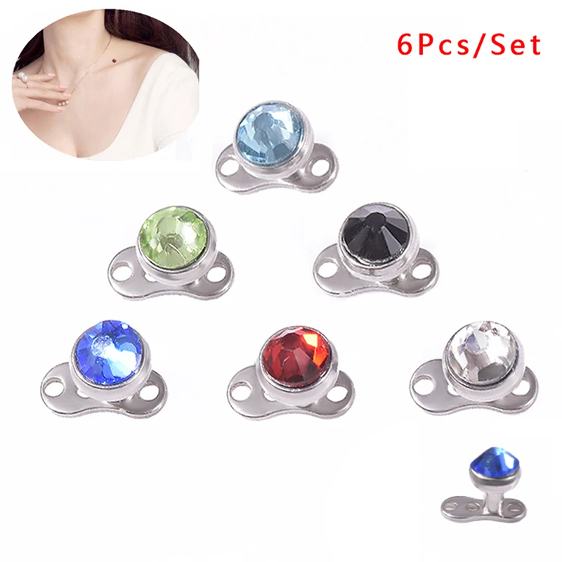

6PC G23 Titanium Micro Dermal Anchor Set Base 2 Holes with Opal Stone Top Dermal Piercings Skin Surface Rings Body Jewelry