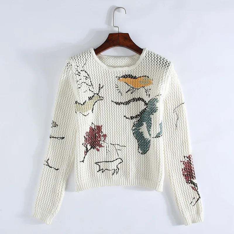 Осень Лидер продаж Для женщин Мода Kintted Свободные Тонкий свитер с круглым вырезом пуловер с длинными рукавами выдалбливают печати Сладкий топ - Цвет: as pic