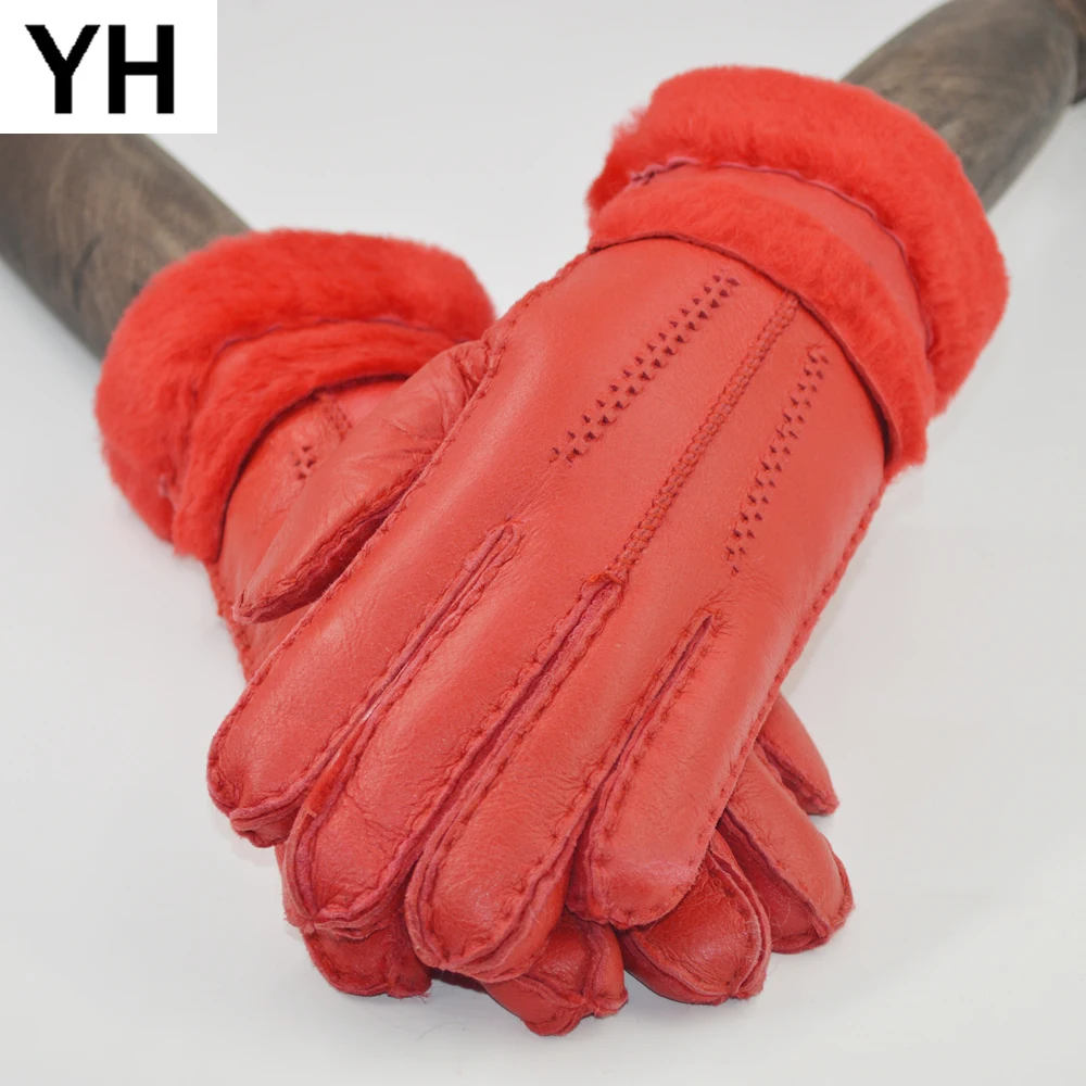 

2019 Women New Designer Real Sheepskin Leather Wool Fur Gloves Lovely Girls Sheepskin Leather Very Warm Winter Gloves Mittens