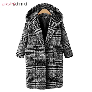 

AKSLXDMMD Plus Size Women's Coat Parkas 2019 New Winter Loose Wool Jacket Plaid Hooded Woolen Coat Thick Padded Overcoat LH1145