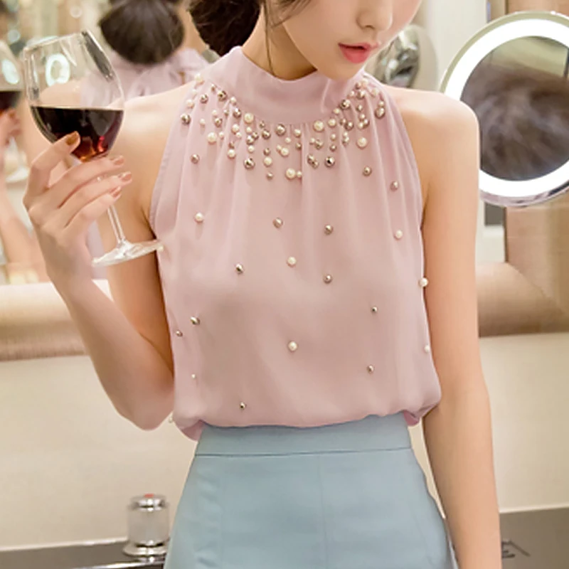 

Women Chiffon Blouse Beading Korean Sleeveless Halter Turtleneck 2019 Summer Womens Blouses Shirts Top Party Office Lady Shirt