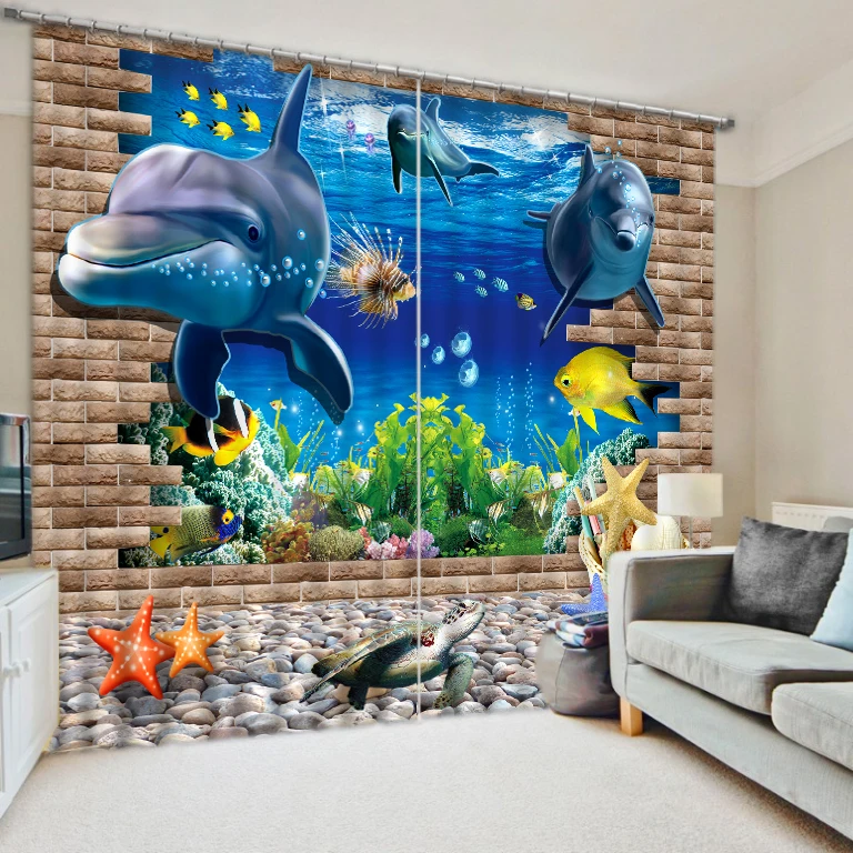 

High Quality Customize size Modern Photo curtains 3d stereoscopic Sea World Curtains for living room