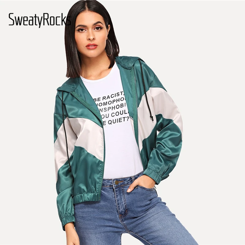 SweatyRocks Color Block Hooded Windbreaker Jacket Zip Up