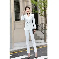 Новый женский костюм из двух частей (куртка + брюки) Женский Белый двубортный тонкий костюм женский деловой профессиональный костюм