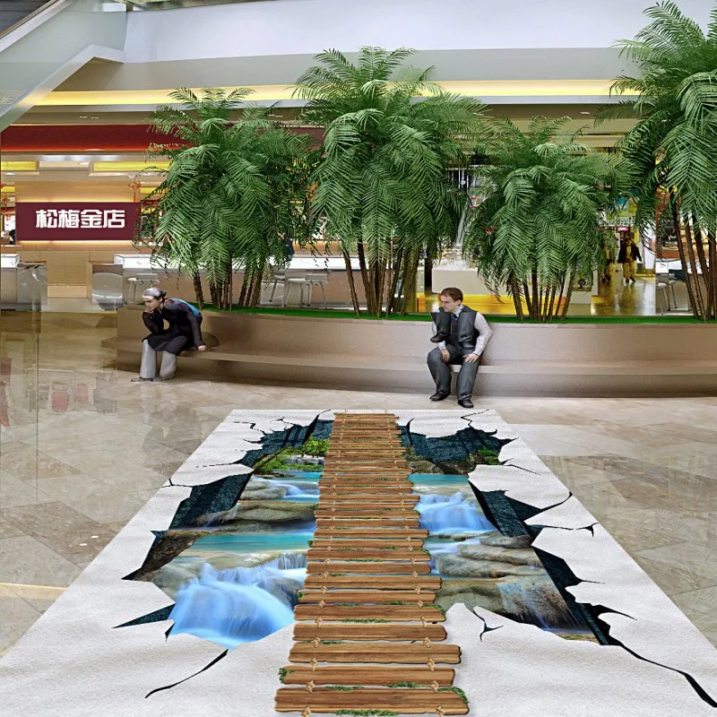 

Free Shipping Waterfalls wooden bridge outdoor 3D bathroom bedroom floor self-adhesive living room kitchen flooring mural