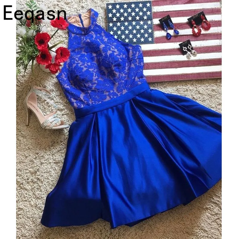 

Two Pieces Homecoming Dresses Beaded Rhinestone Royal Blue Short A-line Sexy Red Cocktail Party Dress Teen Graduation Dress