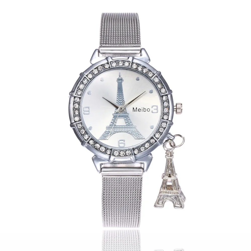 Модные женские кварцевые наручные часы MEIBO из нержавеющей стали с Эйфелевой башней, модные высококачественные часы montre-femme в трех цветах