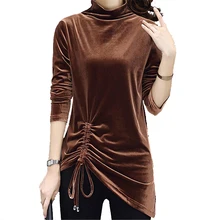 Модные Демисезонный женский плюс Размеры Повседневное золото бархат пуловер с воротником "хомут" сплошной Цвет Для женщин большой Размеры проскальзывать через J26