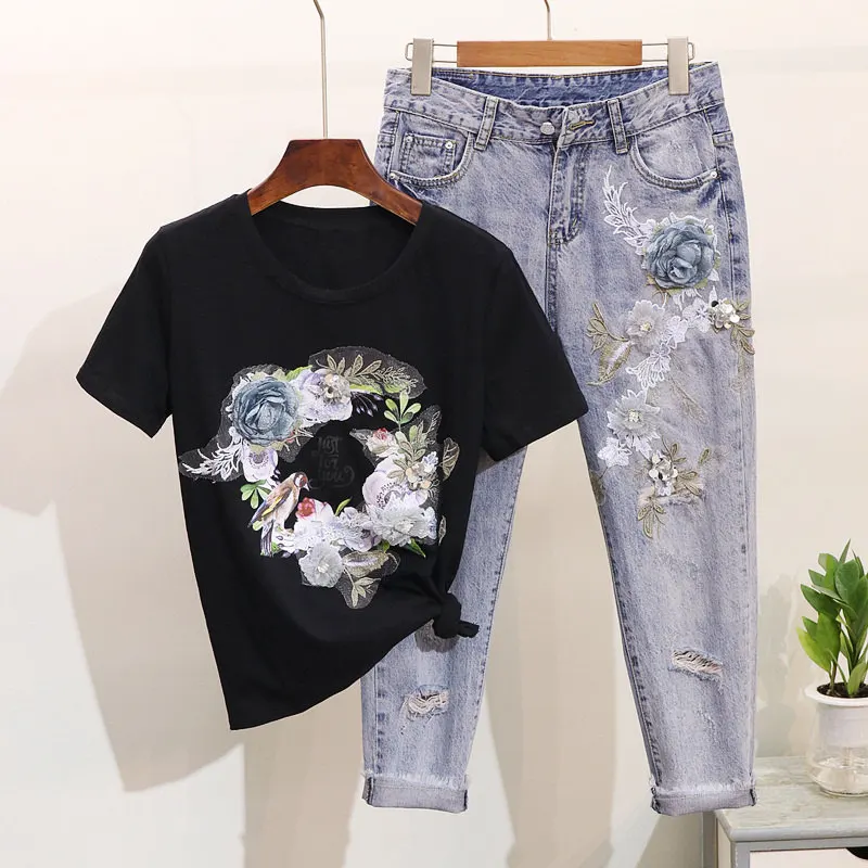 LUOSHA, женская летняя футболка, 2 шт., стильная вышивка, 3D цветок, короткий рукав, футболка+ тяжелая работа, джинсовый костюм с дырками - Цвет: black suit