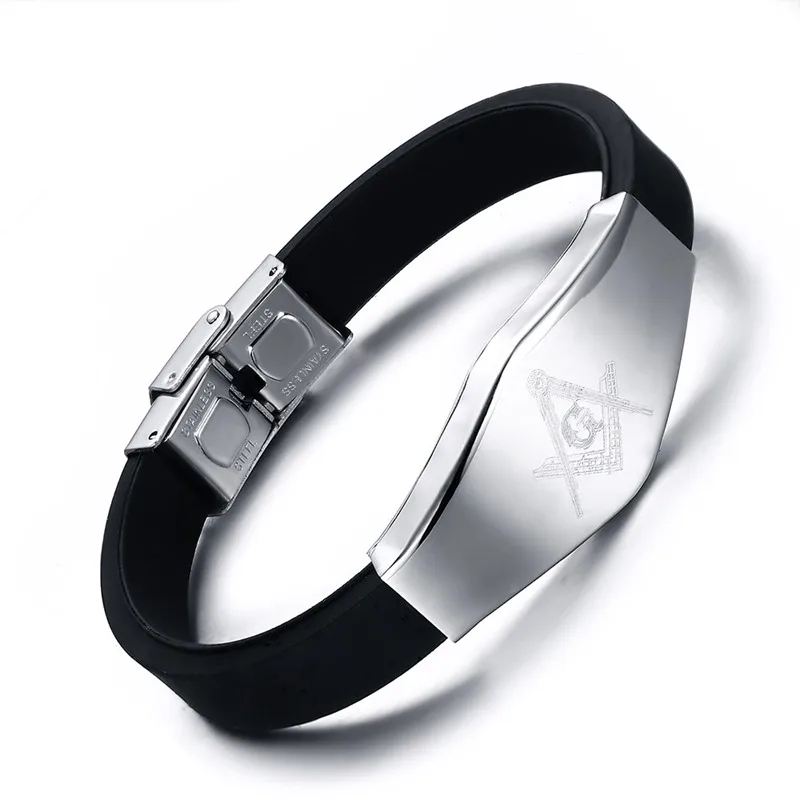 

2018 Casual Style Wristband Hand Chain For Men Jewelry Cool Masonic Pattern Men's Silicone+stainless Steel Bracelets&bangles